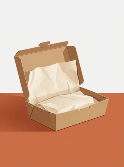Open Cardboard Takeout Food Box With Wrapping Paper