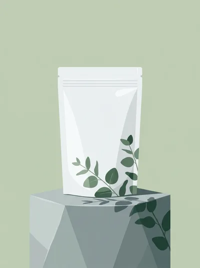 White Pouch Packaging Mockup on Geometric Pedestal