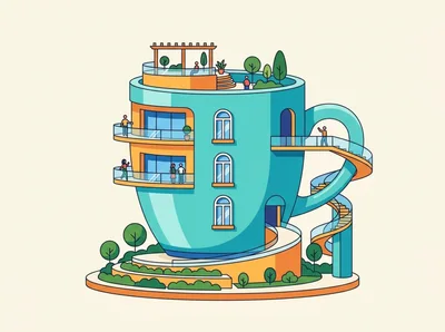 Whimsical Coffee Cup Shaped Architectural Building Illustration