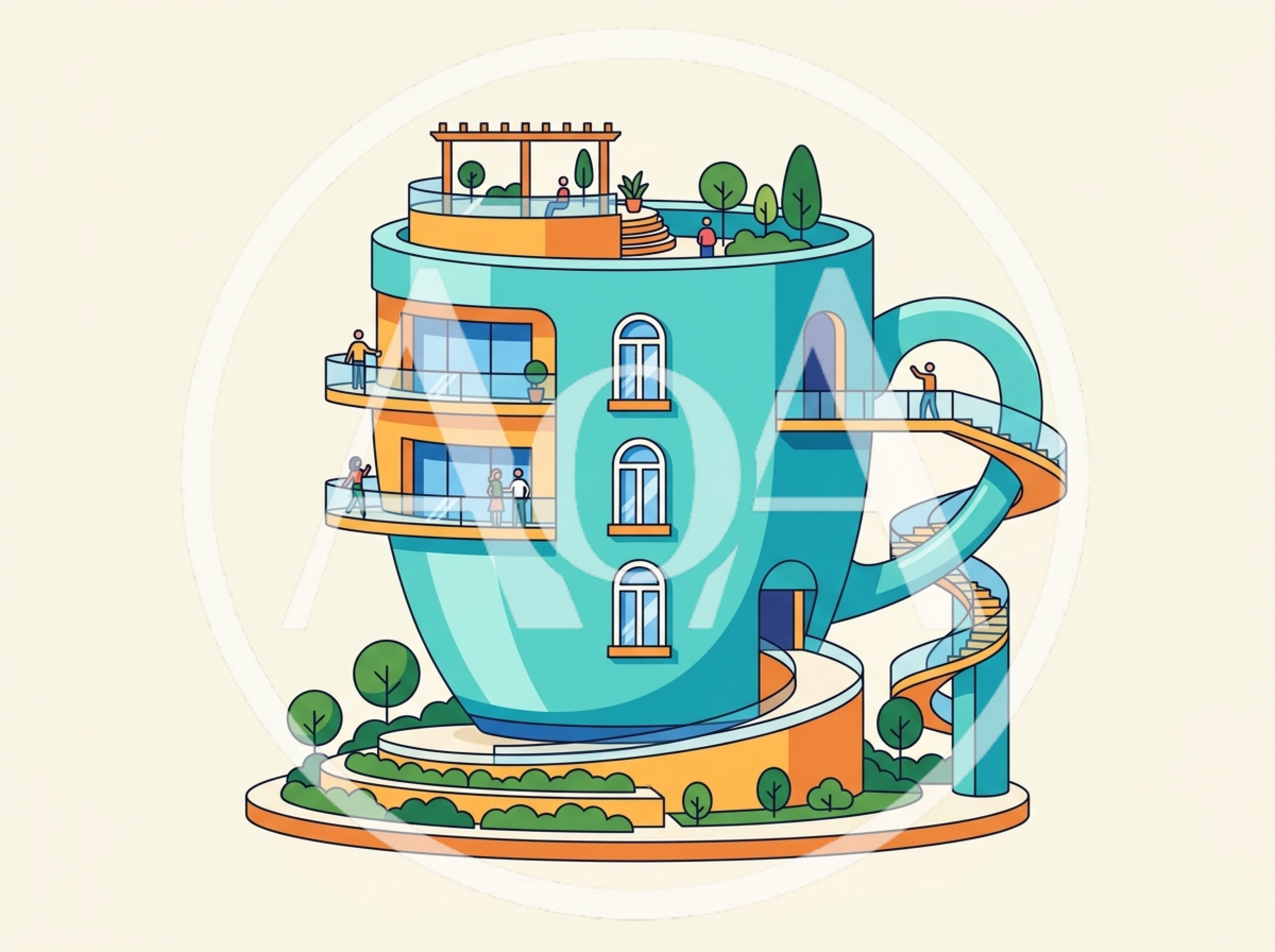 Whimsical Coffee Cup Shaped Architectural Building Illustration
