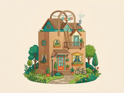 Whimsical Illustration Of A House Inside A Paper Bag