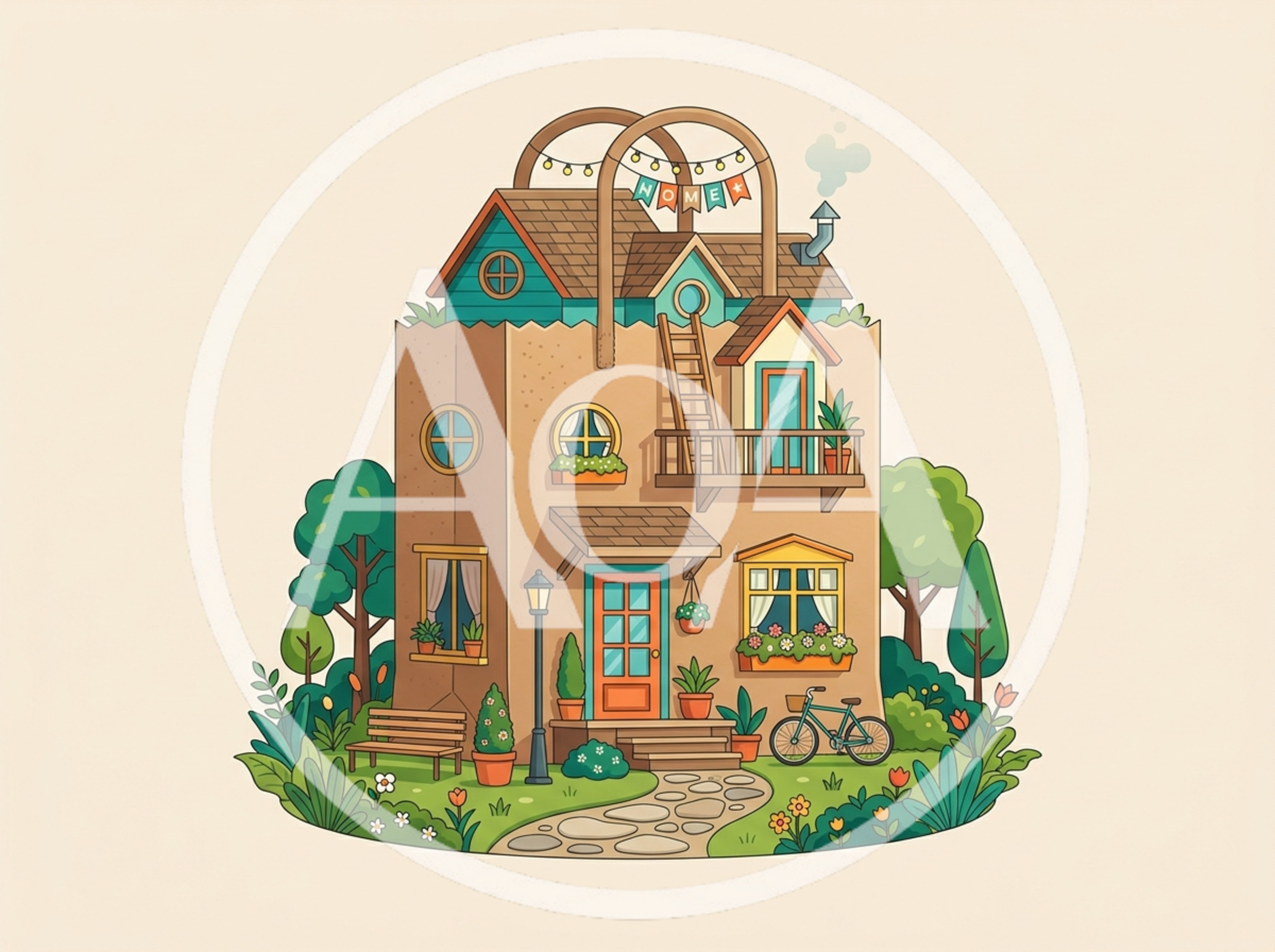 Whimsical Illustration Of A House Inside A Paper Bag
