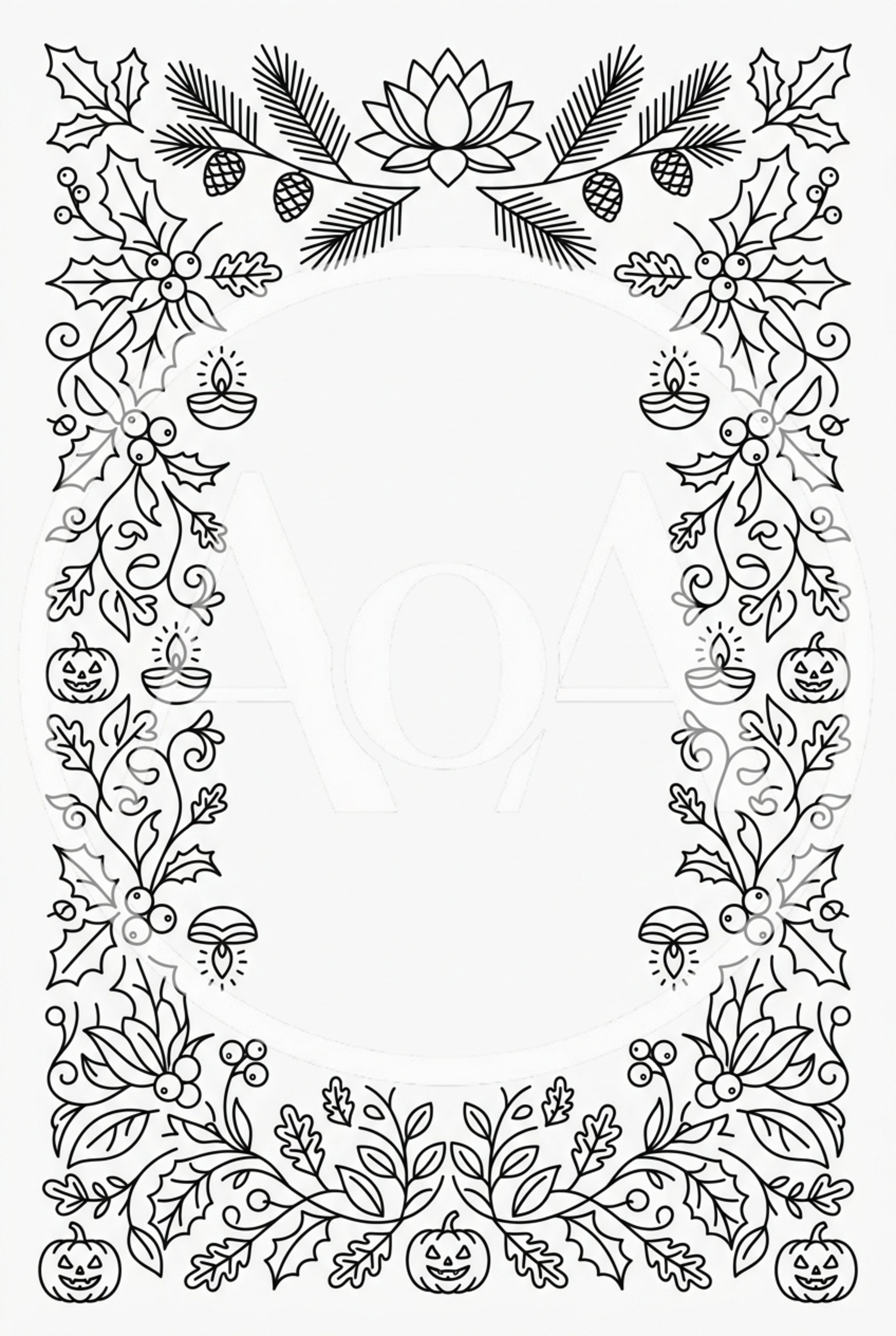 Black and White Festive Holiday Floral Border Illustration