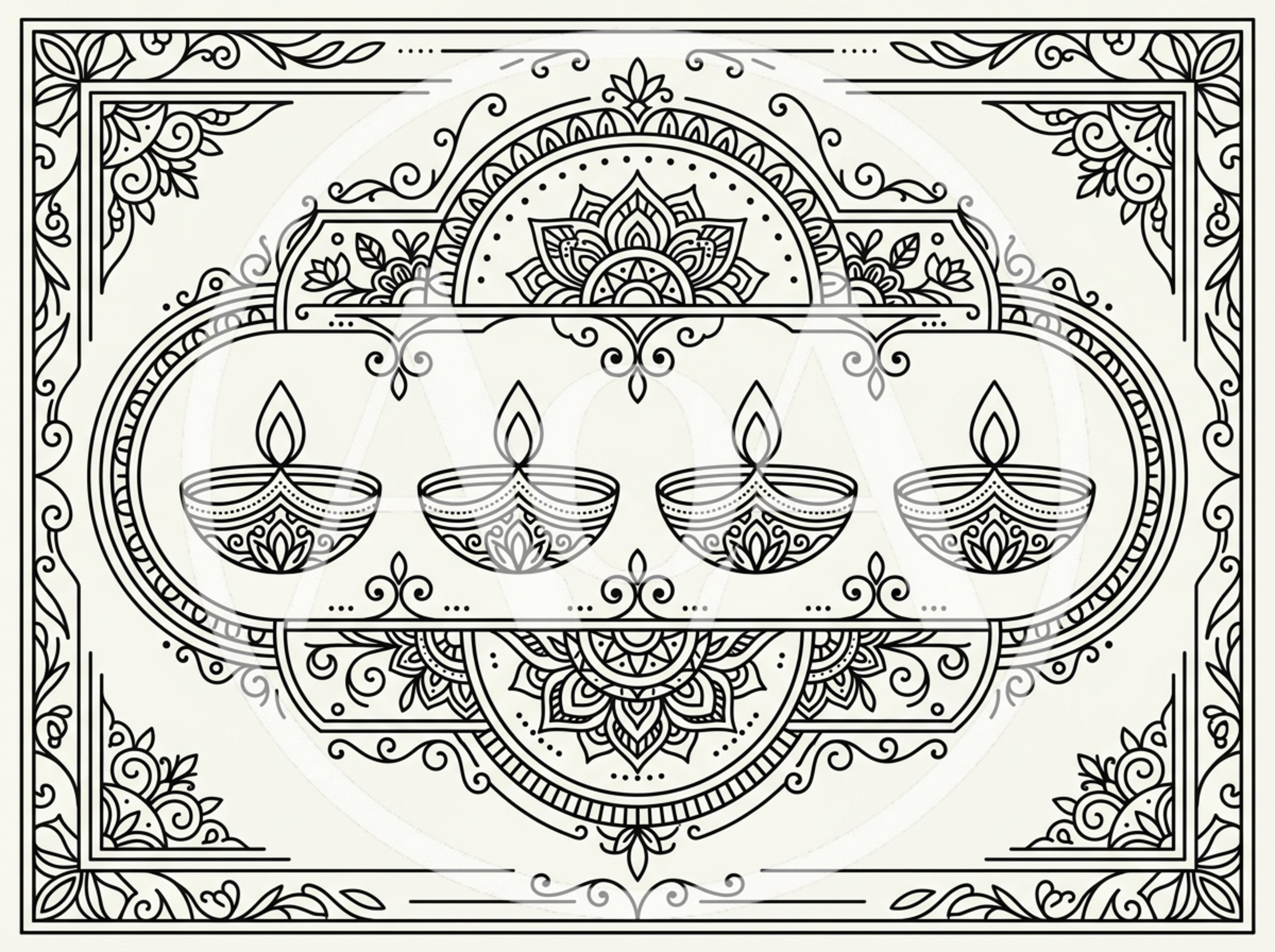 Diwali Festival Decorative Line Art Illustration