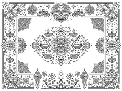 Diwali Festival Decorative Mandala Frame Line Art