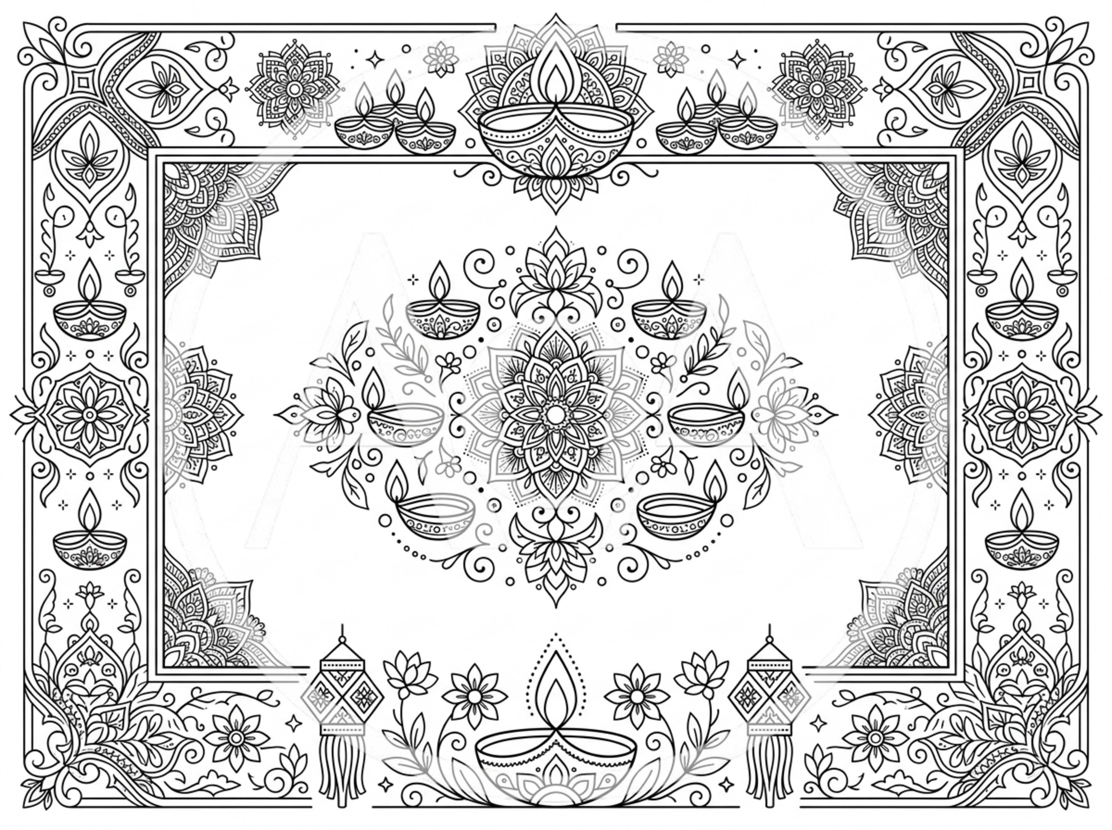 Diwali Festival Decorative Mandala Frame Line Art