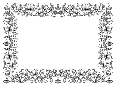 Decorative Floral Border With Traditional Diya Lamps