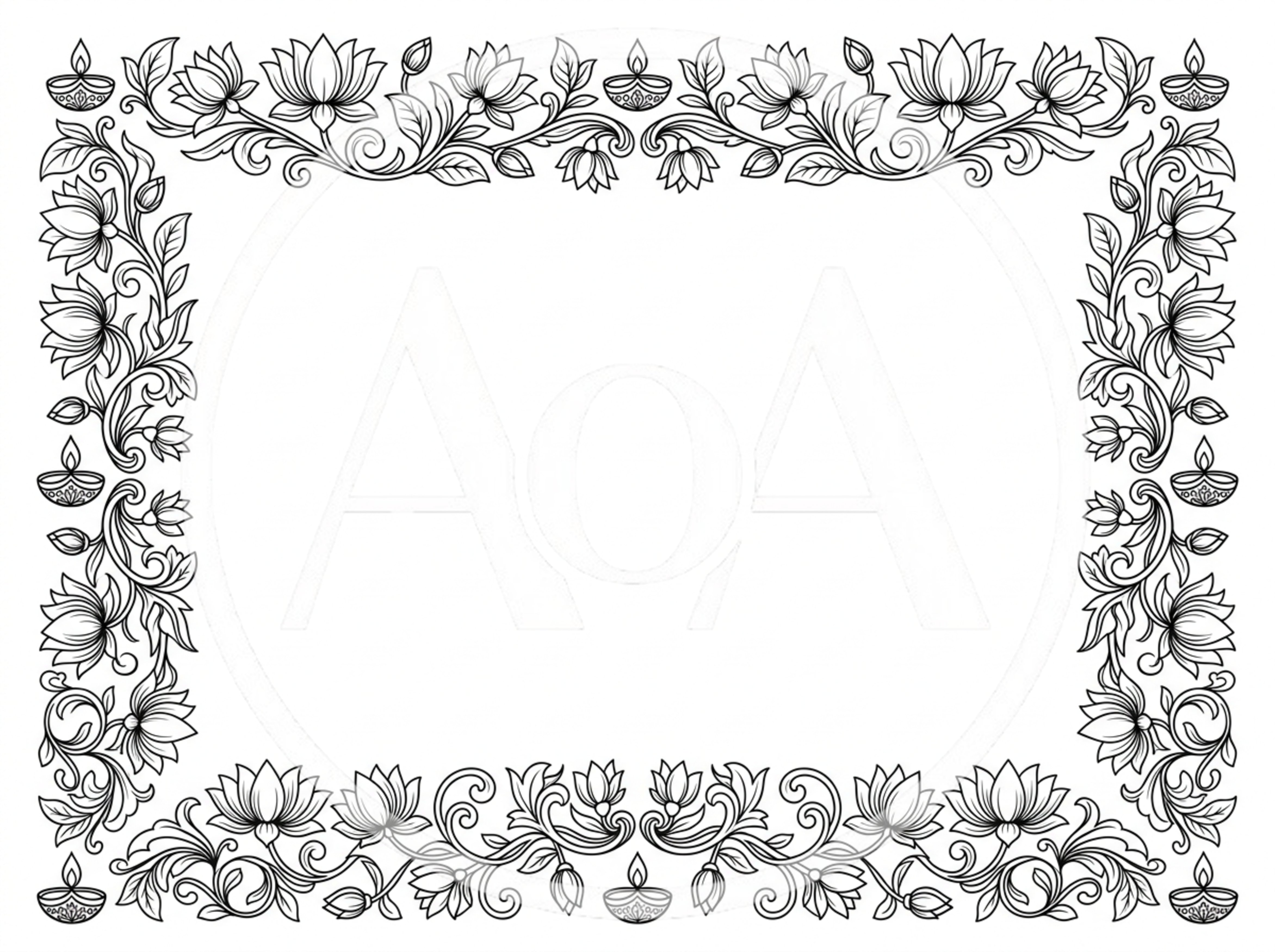 Decorative Floral Border With Traditional Diya Lamps