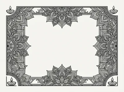 Decorative Mandala Frame With Traditional Diya Lamps