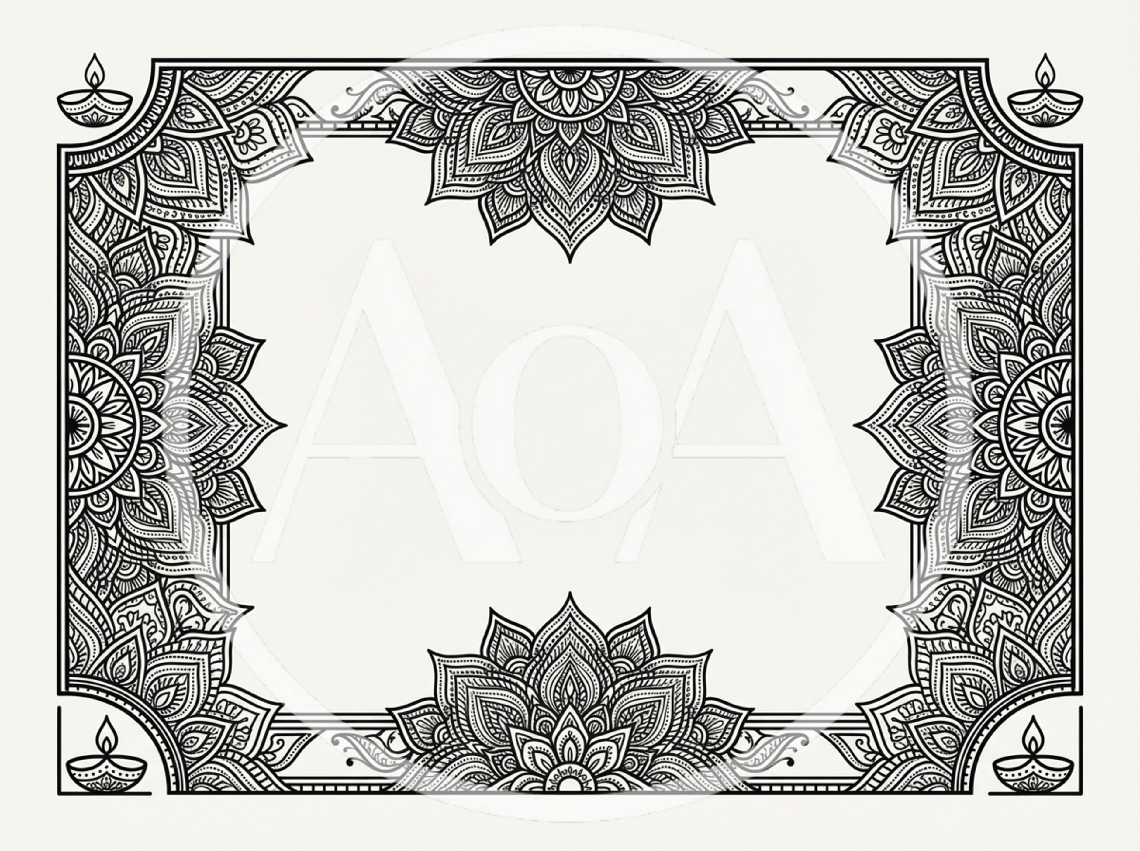 Decorative Mandala Frame With Traditional Diya Lamps