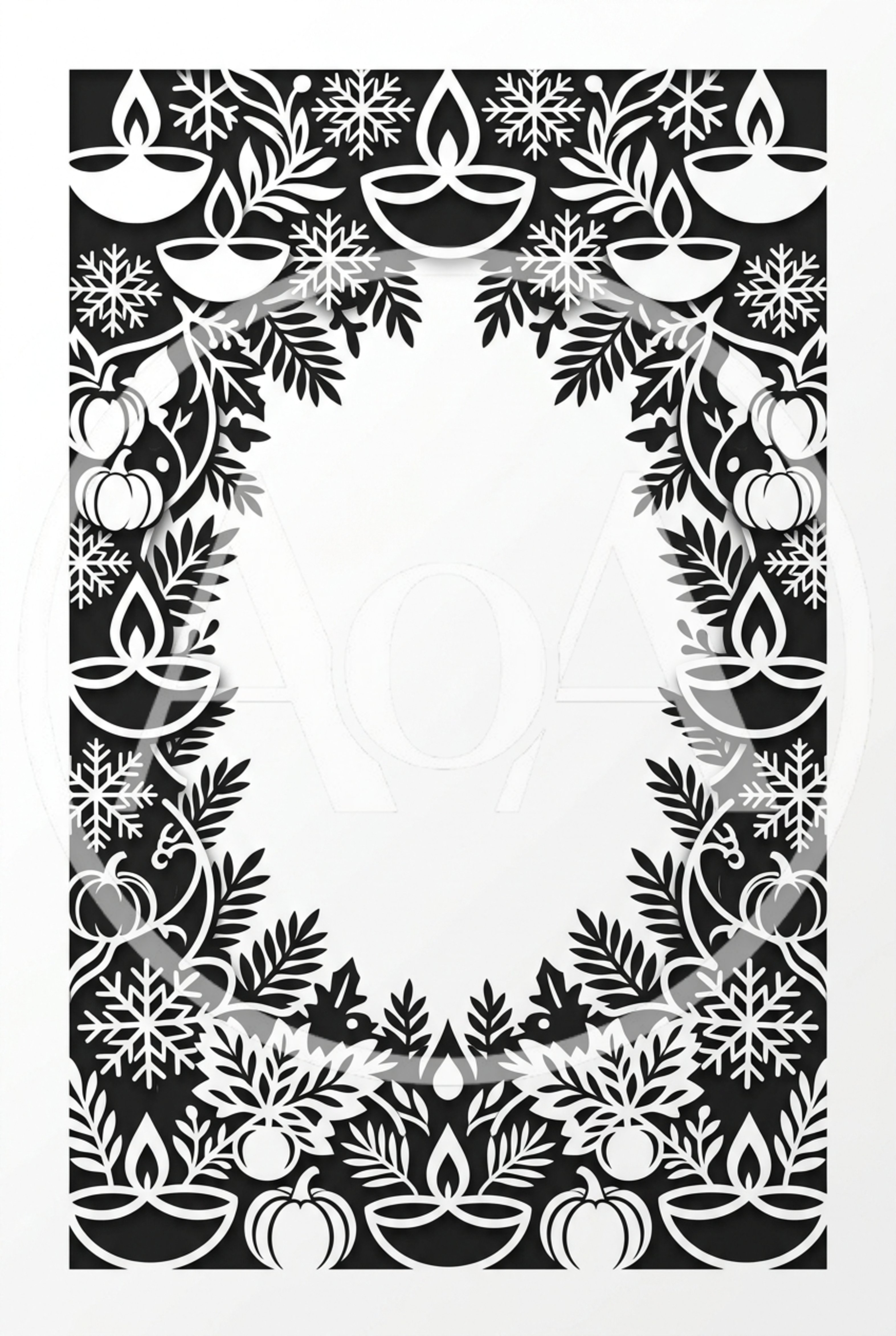 Decorative Festive Border With Diya Lamps And Snowflakes