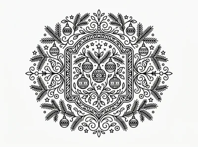 Black and White Christmas Ornament Mandala Illustration