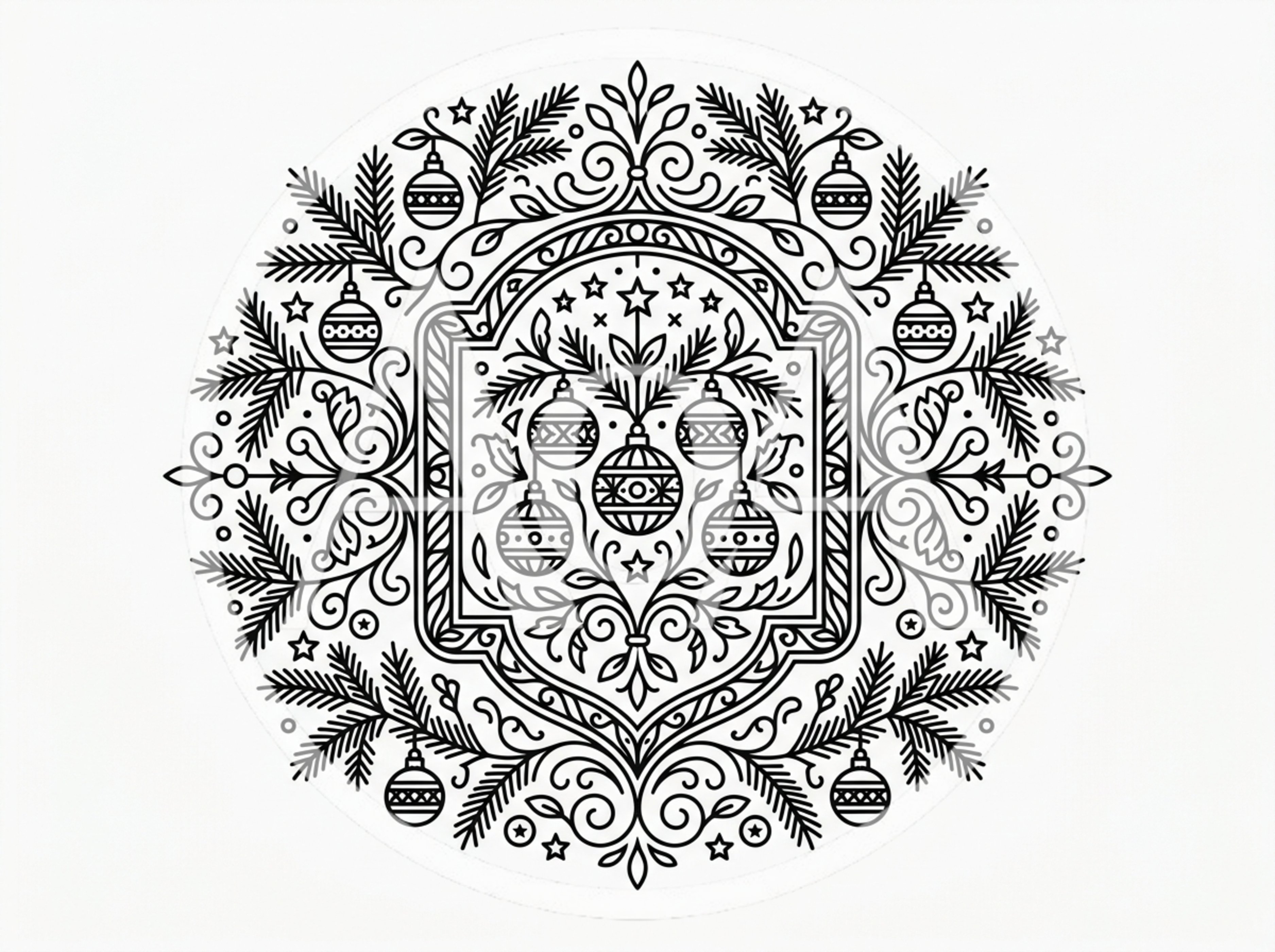 Black and White Christmas Ornament Mandala Illustration