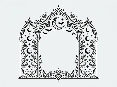 Gothic Arch Frame With Skulls And Moon Illustration