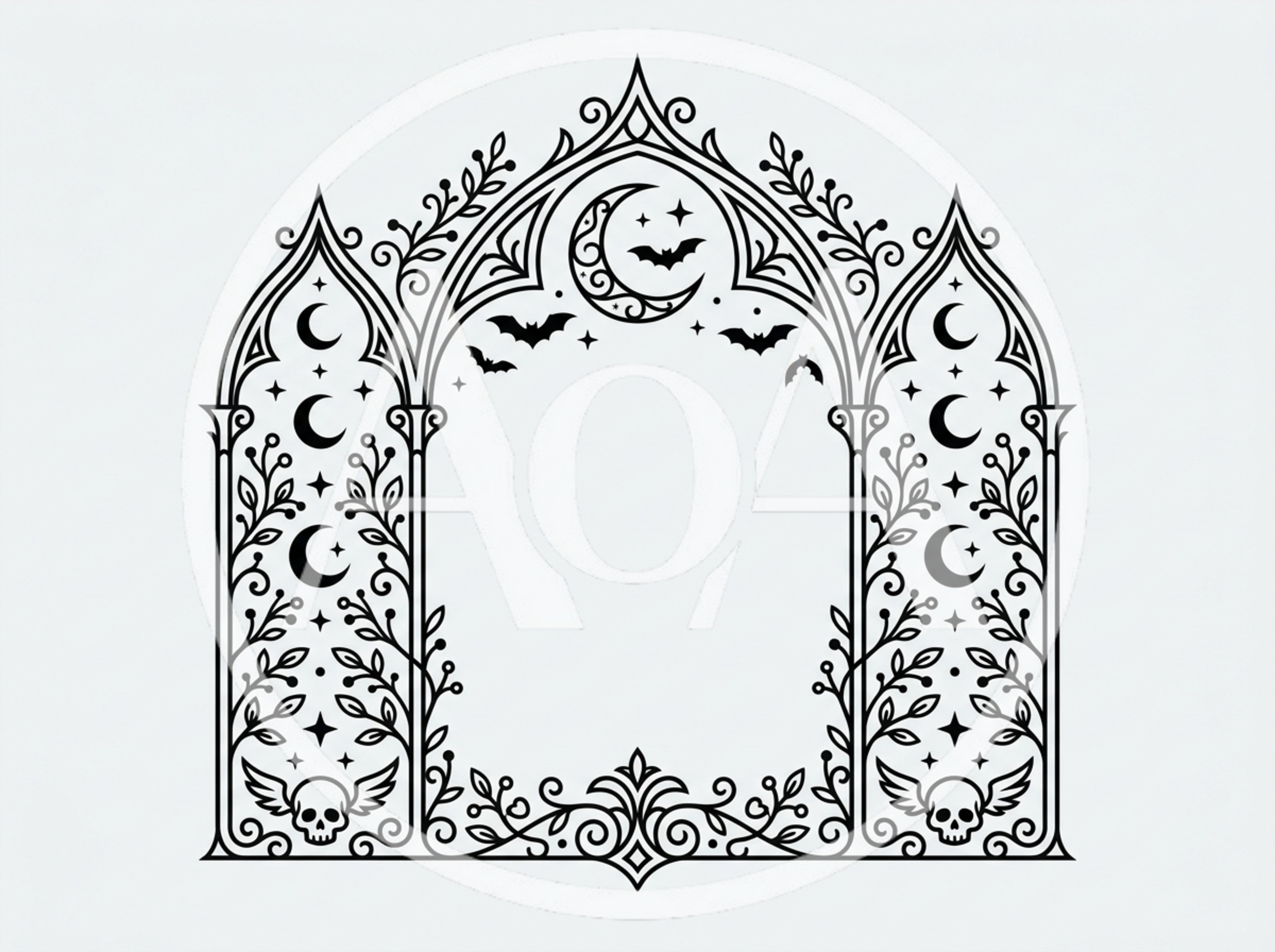 Gothic Arch Frame With Skulls And Moon Illustration