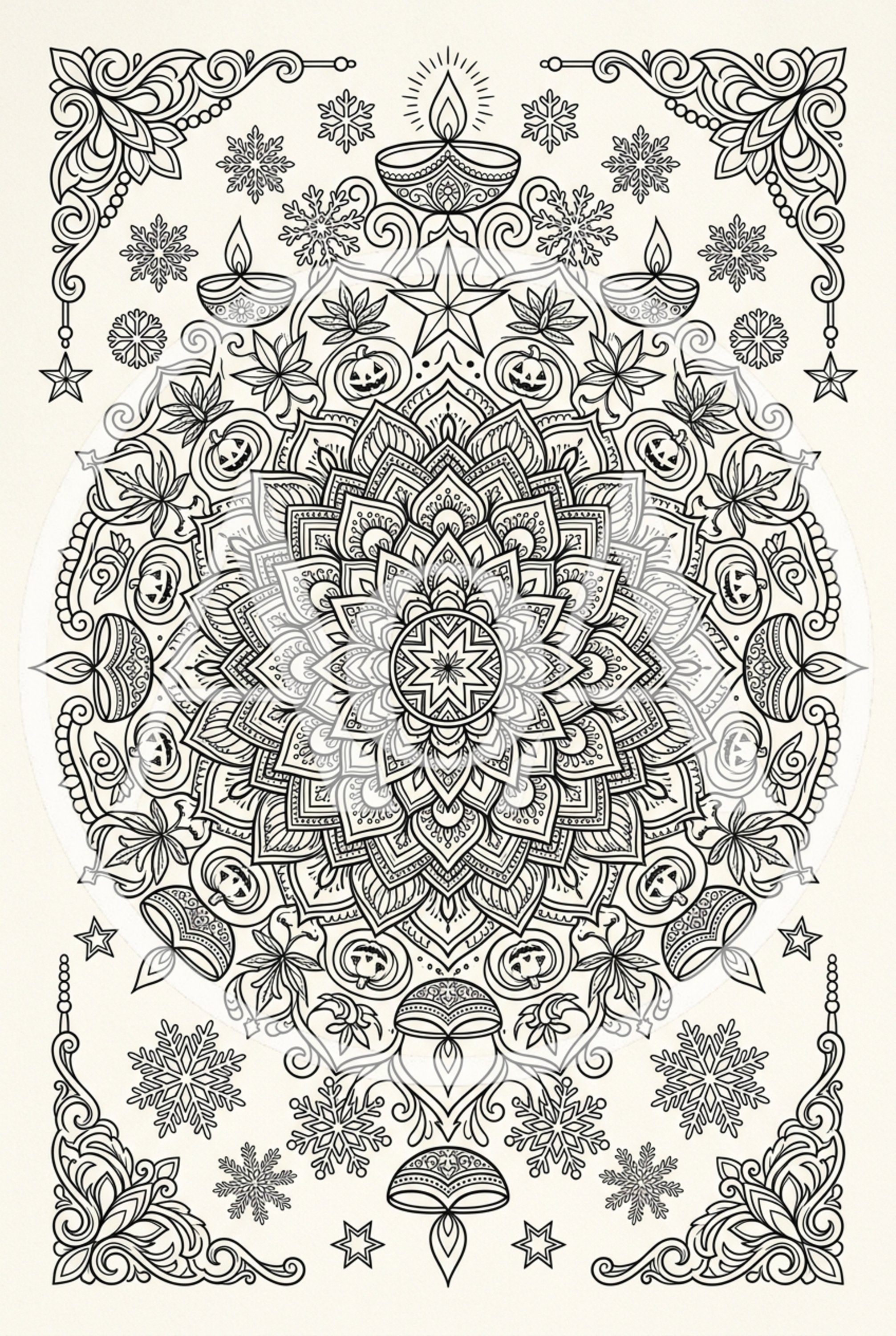 Intricate Mandala Coloring Page With Seasonal Holiday Motifs