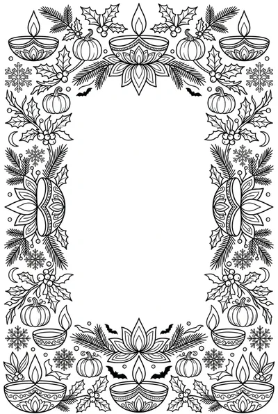 Festive Holiday Border With Diya Lamps And Pumpkins