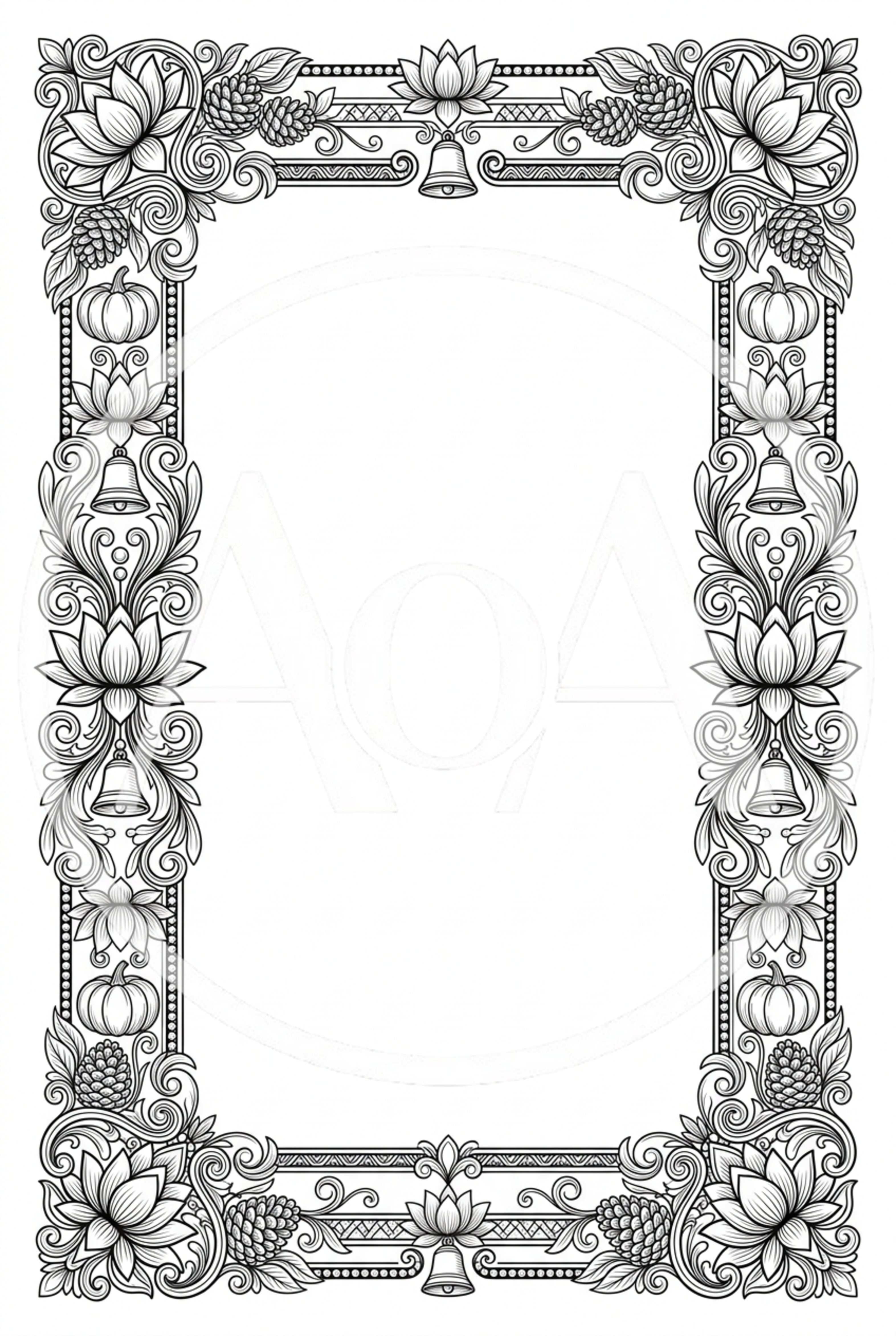 Ornate Floral Decorative Frame With Bells And Pinecones
