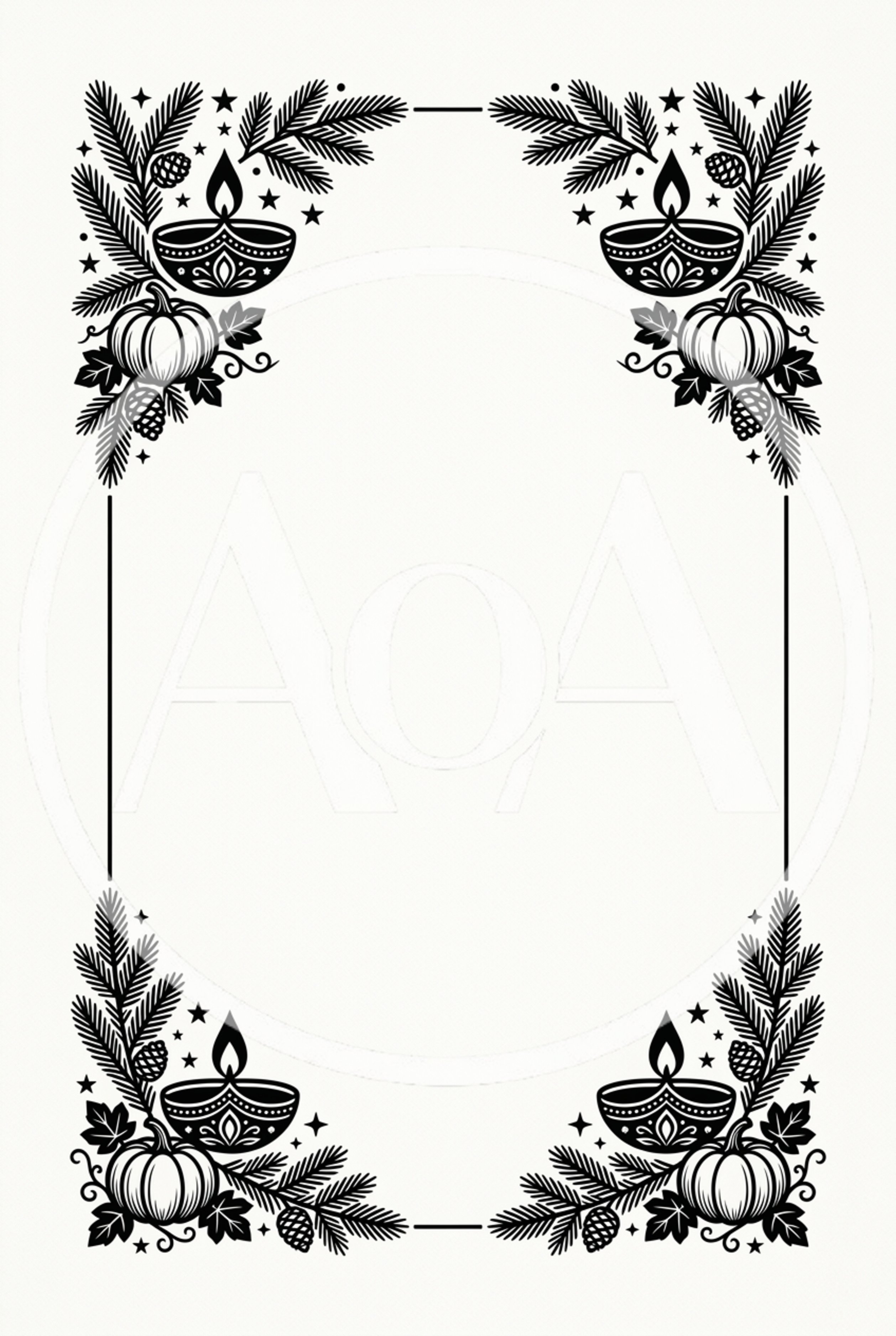 Decorative Diwali Frame With Pumpkins And Pine Branches