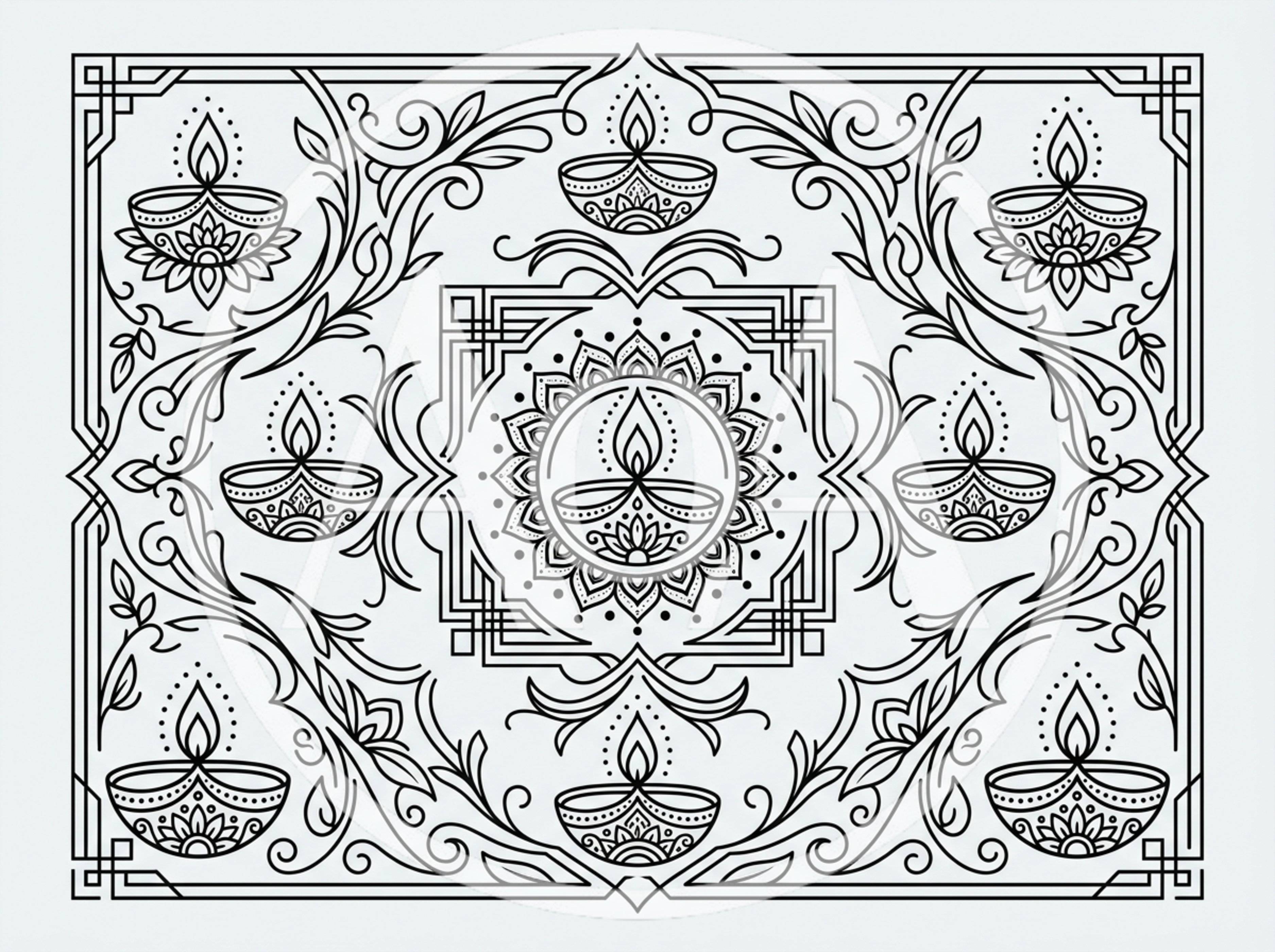 Diwali Diya Oil Lamp Mandala Coloring Page