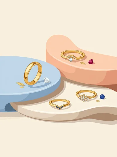 Gold Rings And Gemstones On Abstract Geometric Platforms