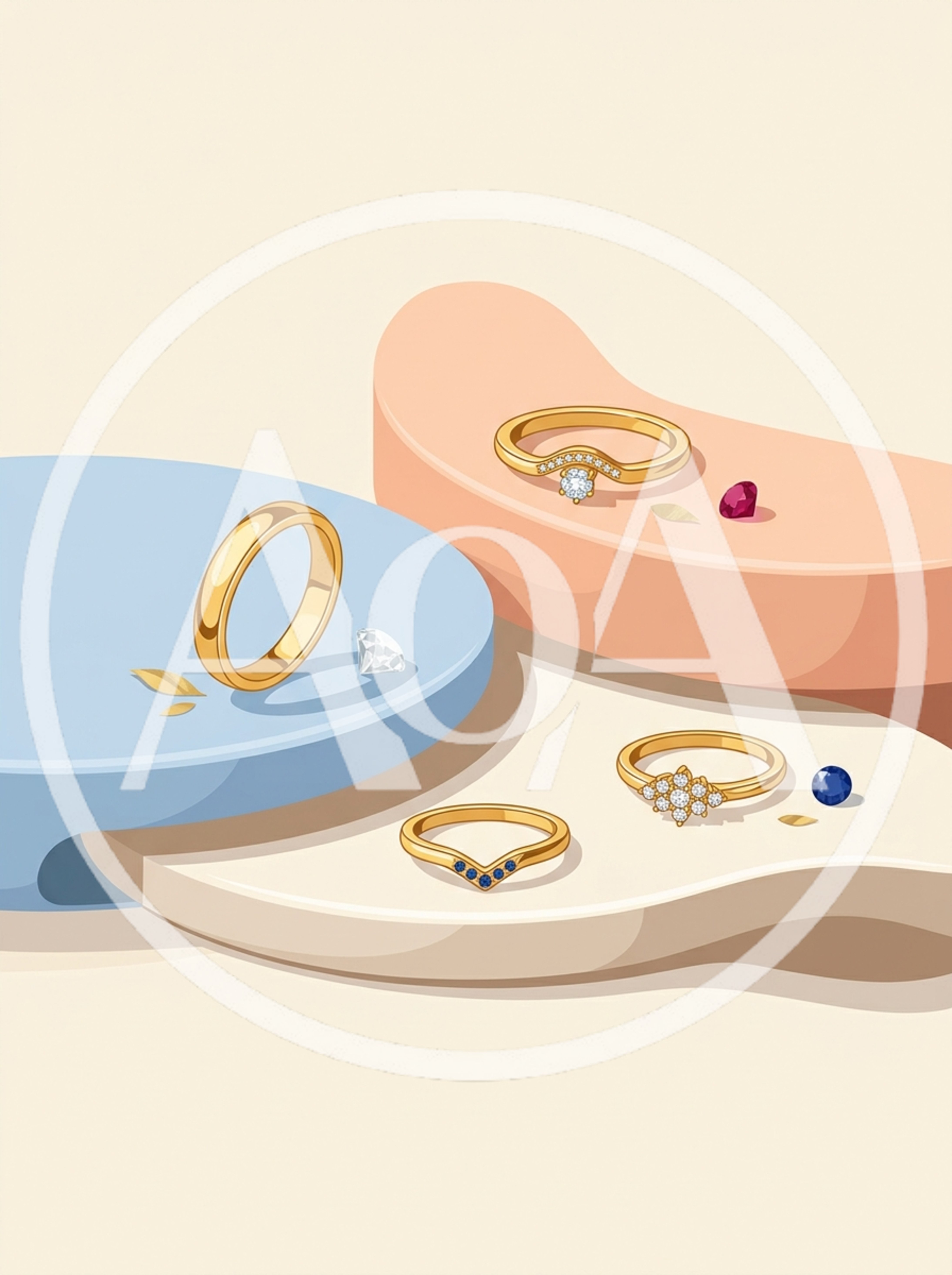 Gold Rings And Gemstones On Abstract Geometric Platforms