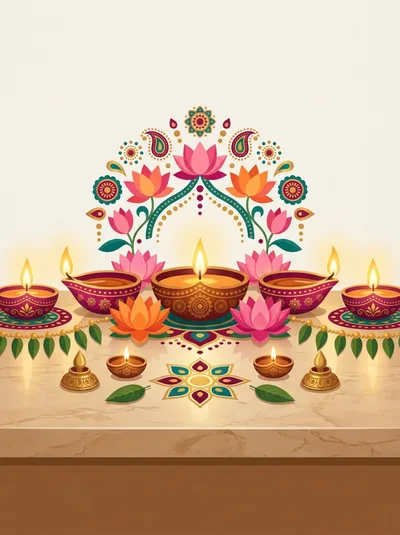 Diwali Celebration With Traditional Oil Lamps And Lotus Flowers