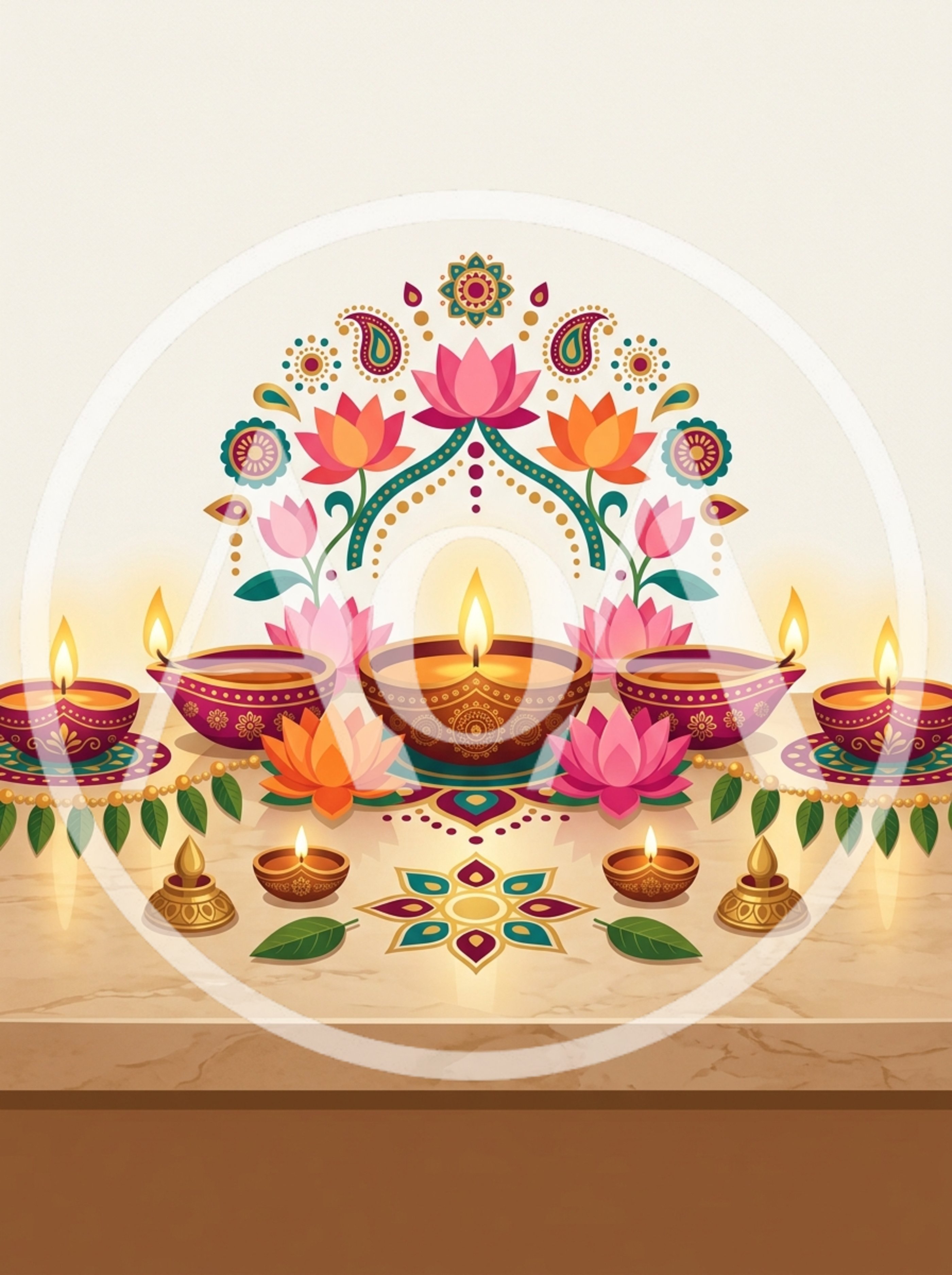 Diwali Celebration With Traditional Oil Lamps And Lotus Flowers
