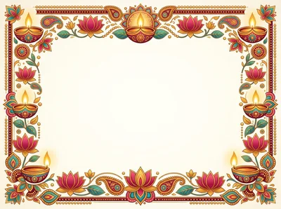 Diwali Decorative Border With Traditional Oil Lamps And Lotuses