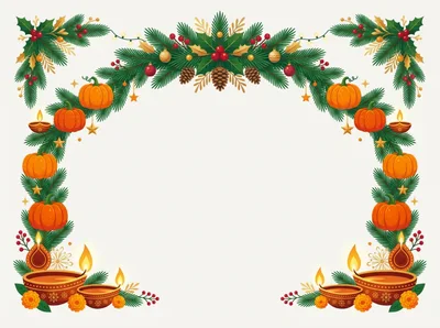 Festive Holiday Border With Pumpkins And Diya Lamps