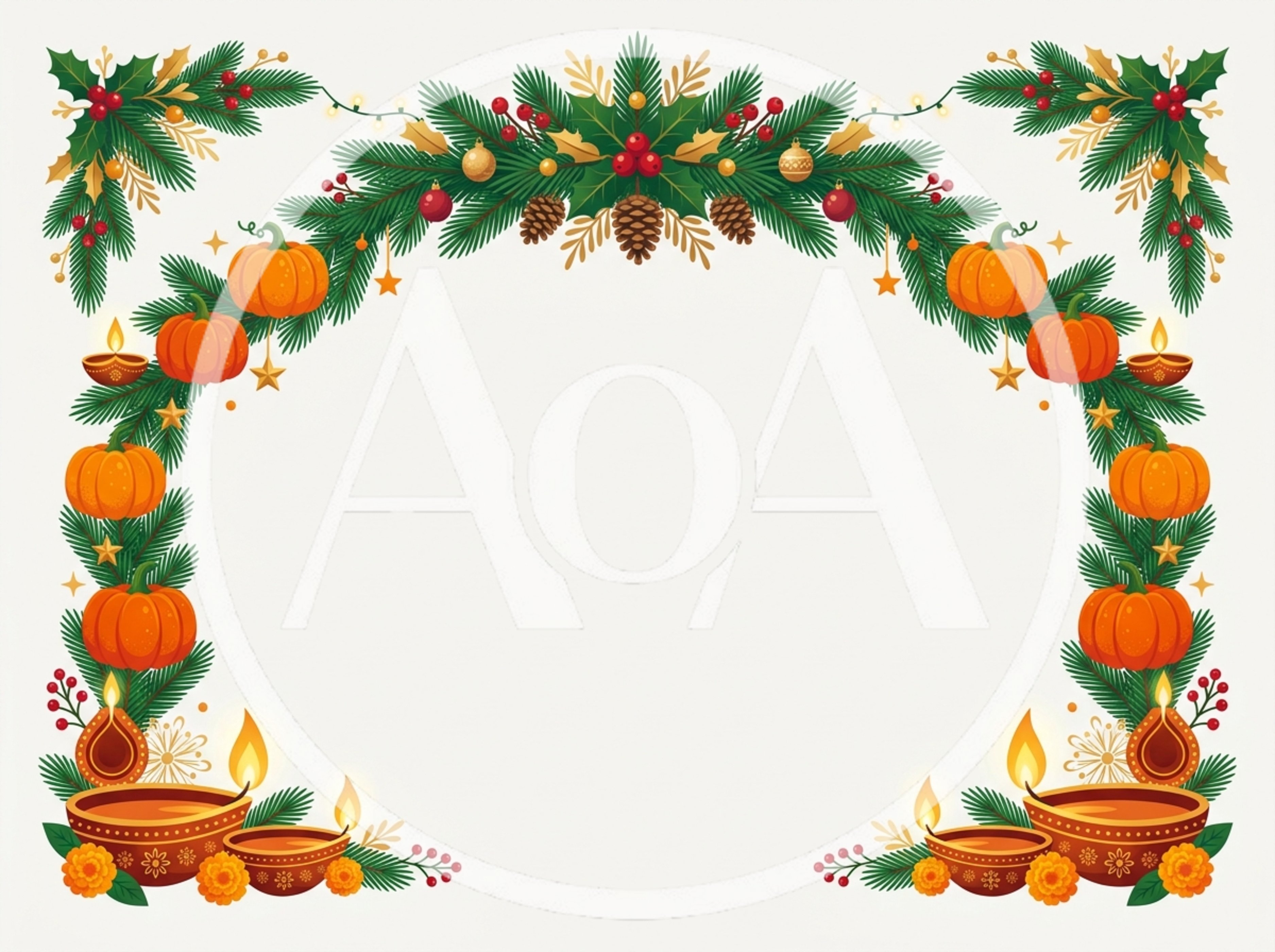 Festive Holiday Border With Pumpkins And Diya Lamps
