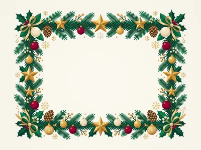 Christmas Holiday Decorative Frame With Pine Branches And Ornaments