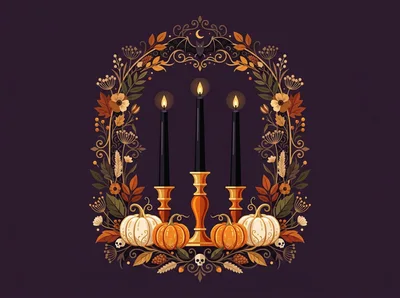 Halloween Decorative Illustration With Candles And Pumpkins