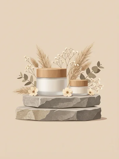 Cosmetic Cream Jars on Natural Stone Pedestal