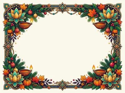 Festive Holiday Border With Diya Lamps And Ornaments