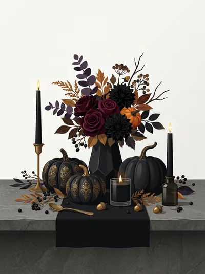 Elegant Gothic Autumn Table Centerpiece With Pumpkins And Flowers