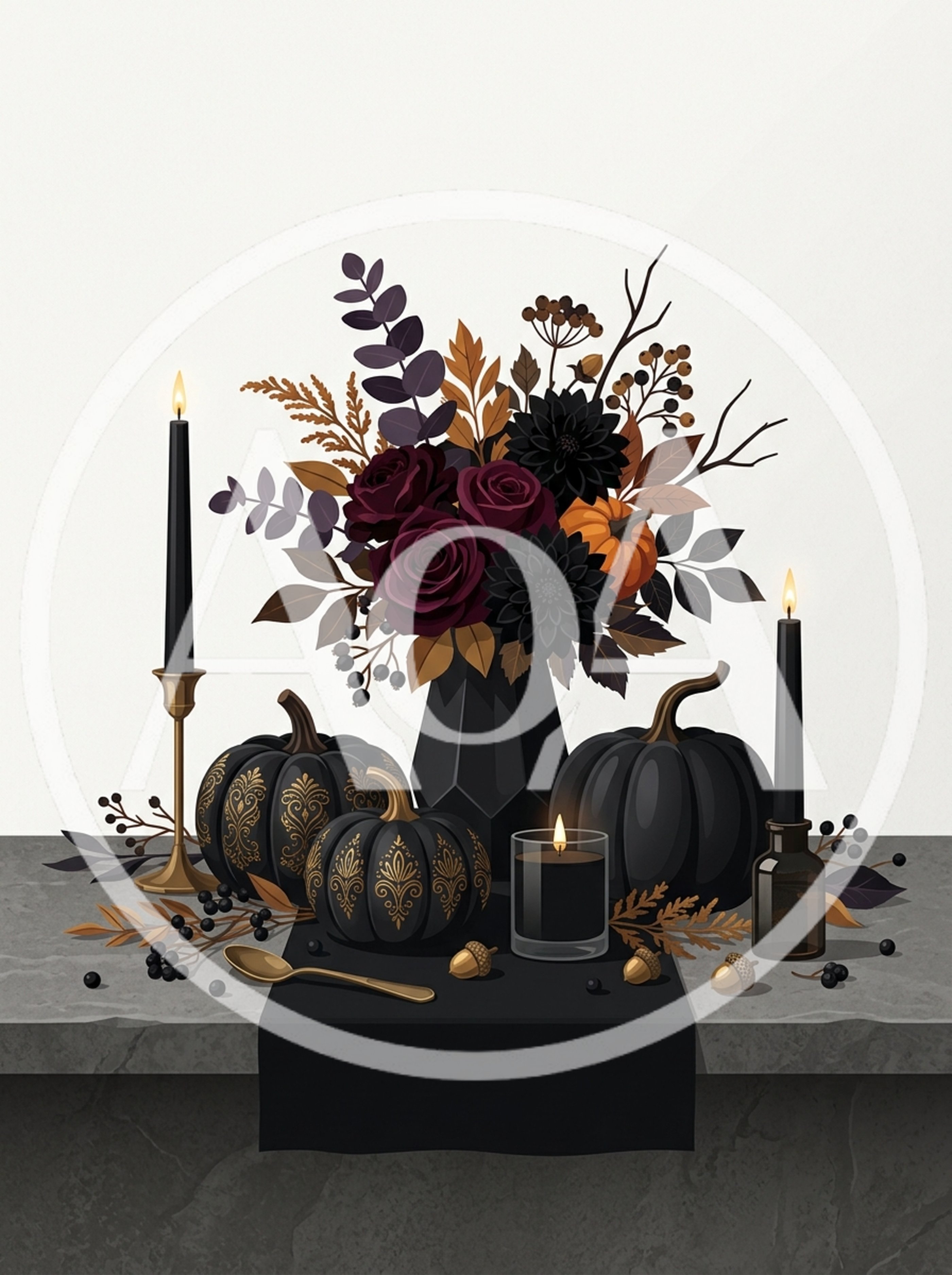 Elegant Gothic Autumn Table Centerpiece With Pumpkins And Flowers
