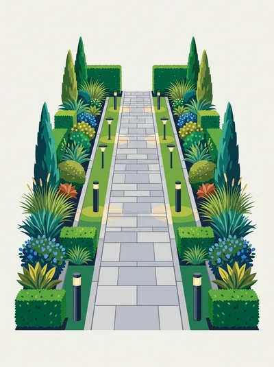 Symmetrical Garden Pathway With Landscaped Plants And Lights