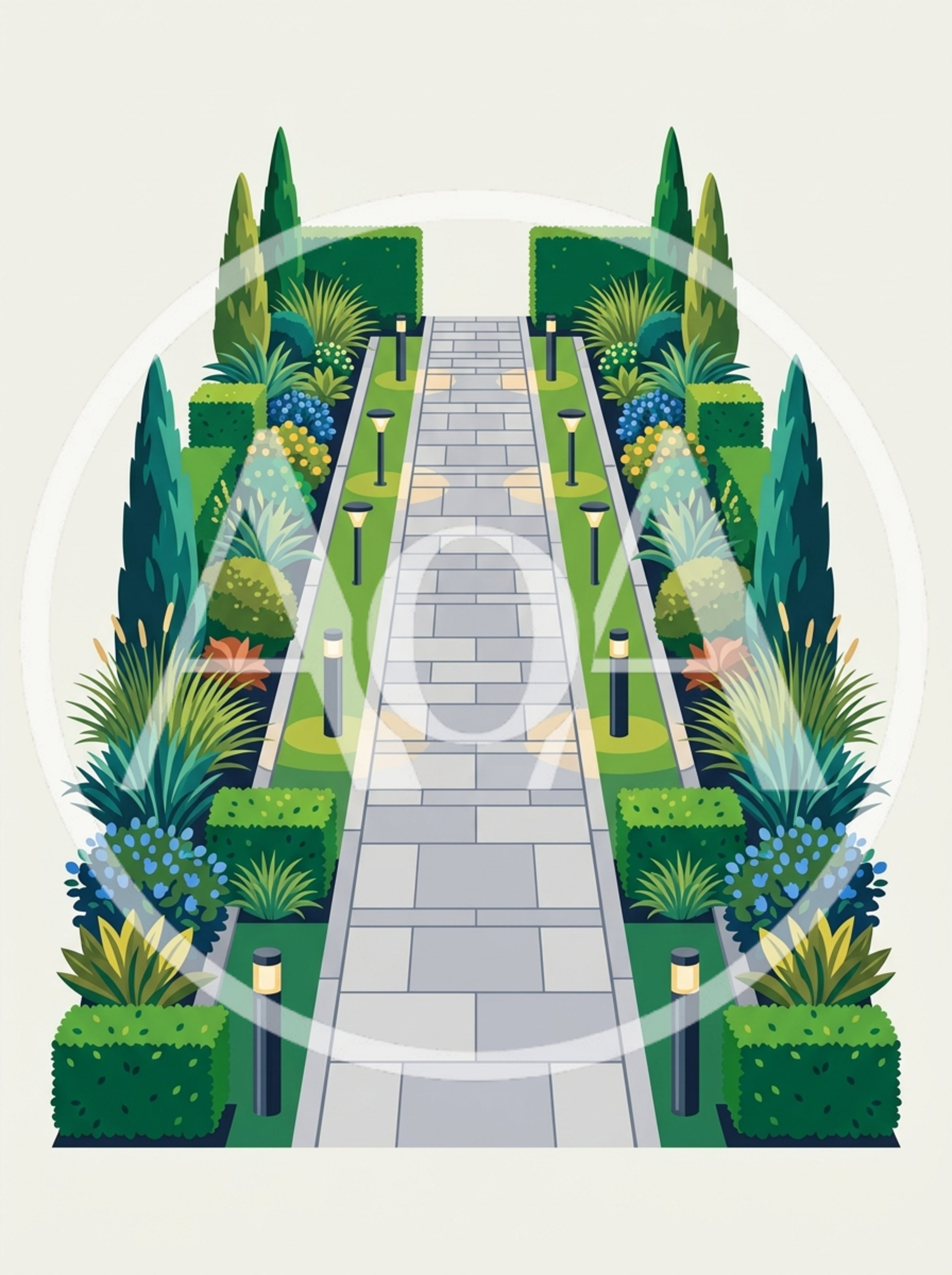 Symmetrical Garden Pathway With Landscaped Plants And Lights