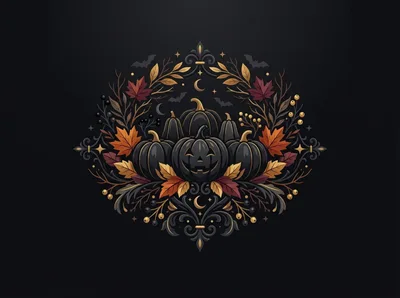 Ornate Halloween Pumpkin Wreath Illustration