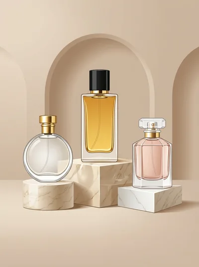 Three Perfume Bottles Displayed on Marble Pedestals