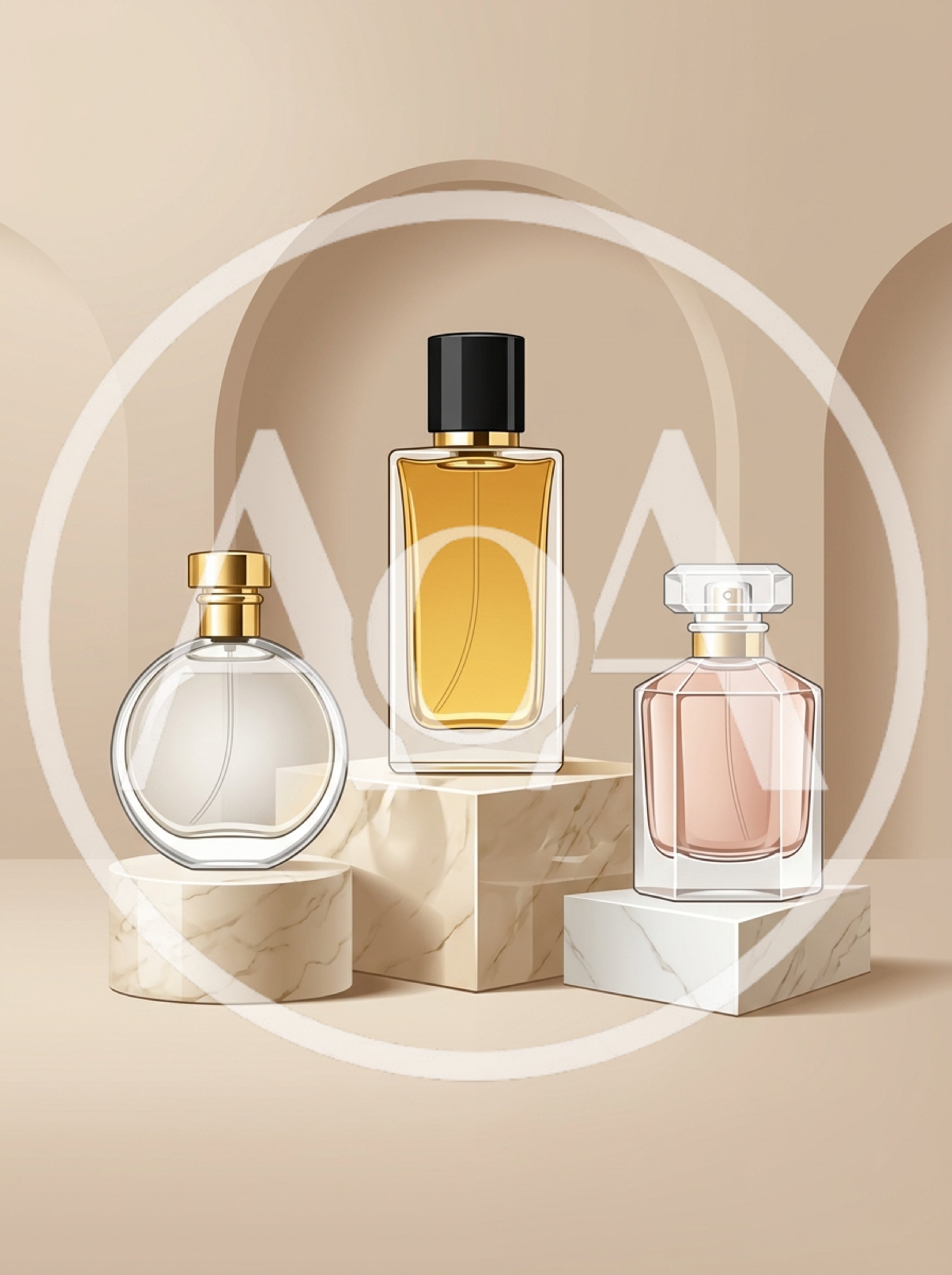 Three Perfume Bottles Displayed on Marble Pedestals