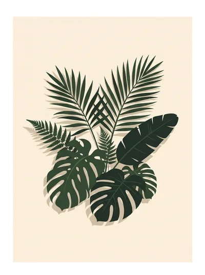 Tropical Botanical Illustration With Assorted Palm And Monstera Leaves