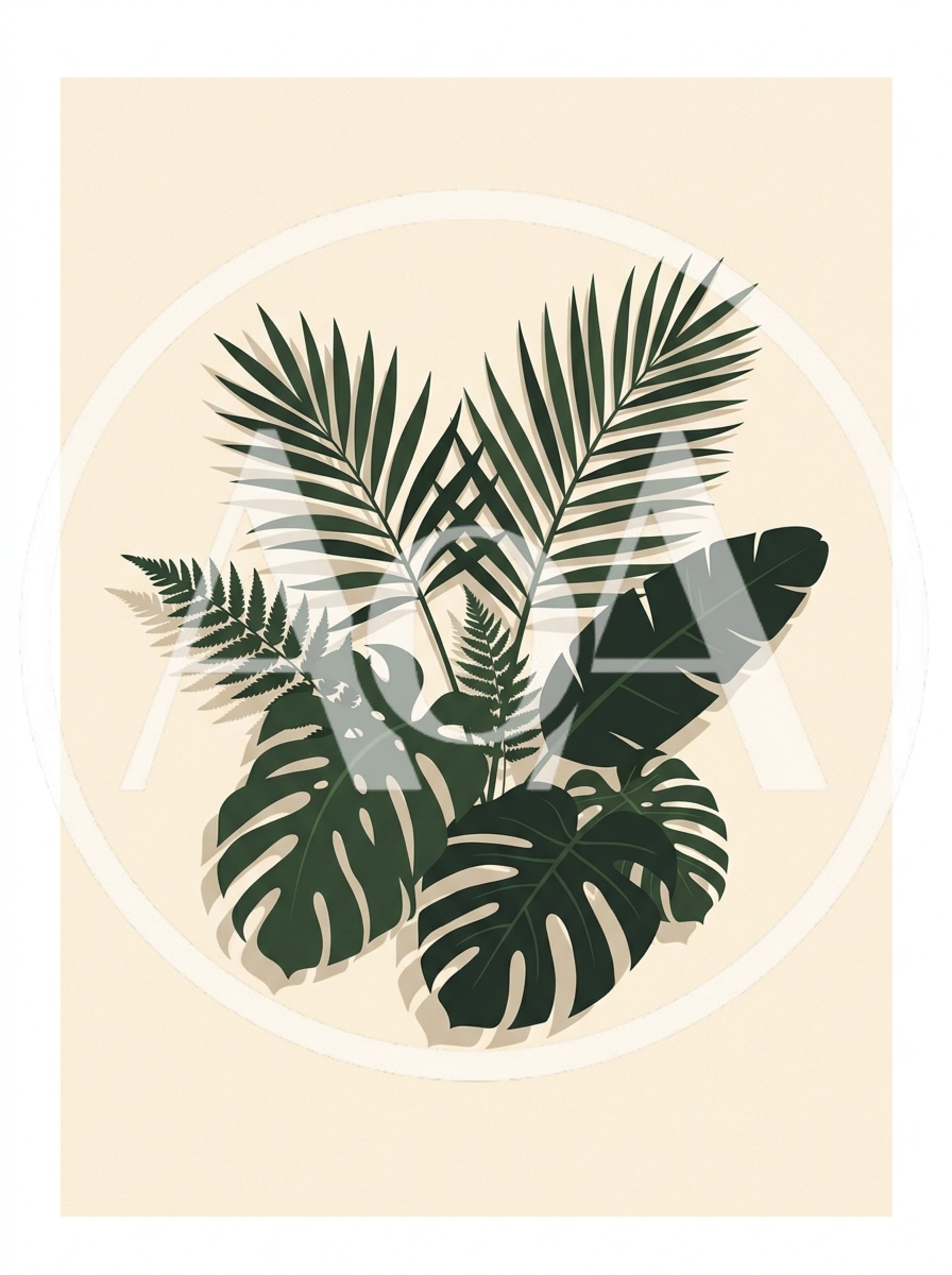 Tropical Botanical Illustration With Assorted Palm And Monstera Leaves