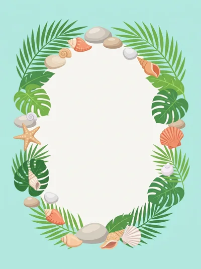 Tropical Summer Frame With Seashells And Palm Leaves