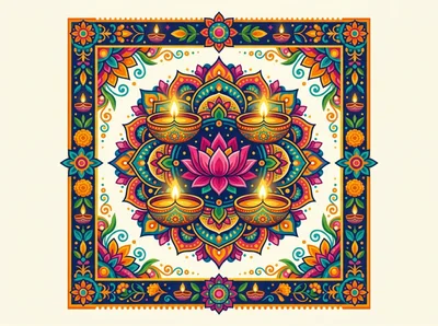 Diwali Mandala Illustration With Lotus And Lit Diyas