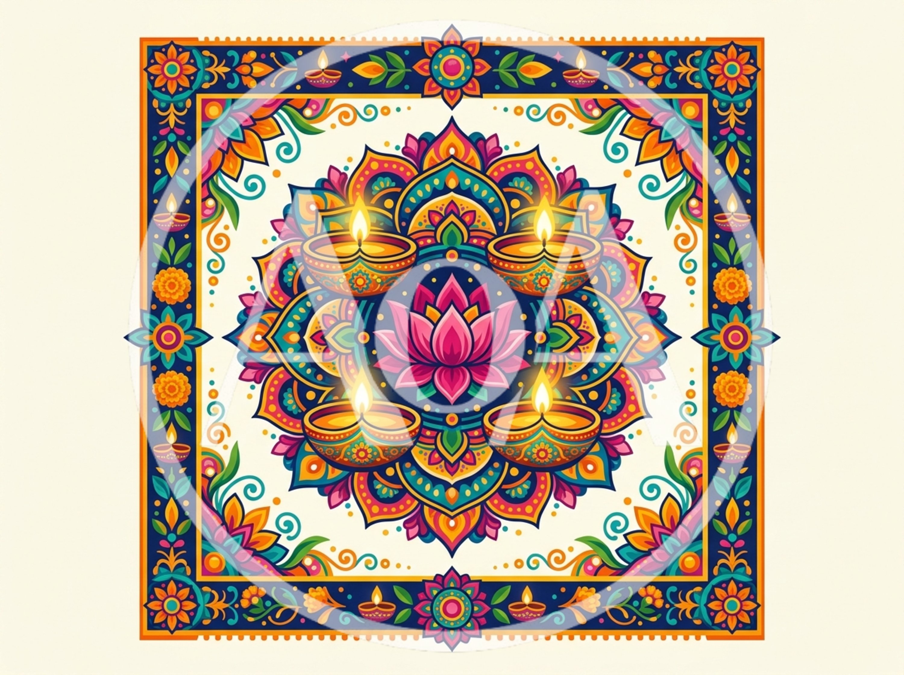 Diwali Mandala Illustration With Lotus And Lit Diyas