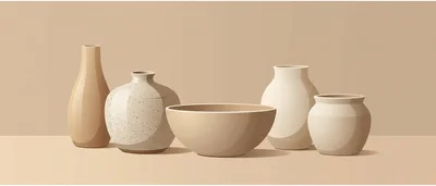Minimalist Ceramic Vases And Bowl On Beige Background