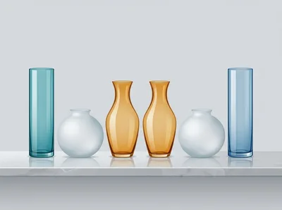 Collection Of Decorative Glass Vases On Marble Shelf