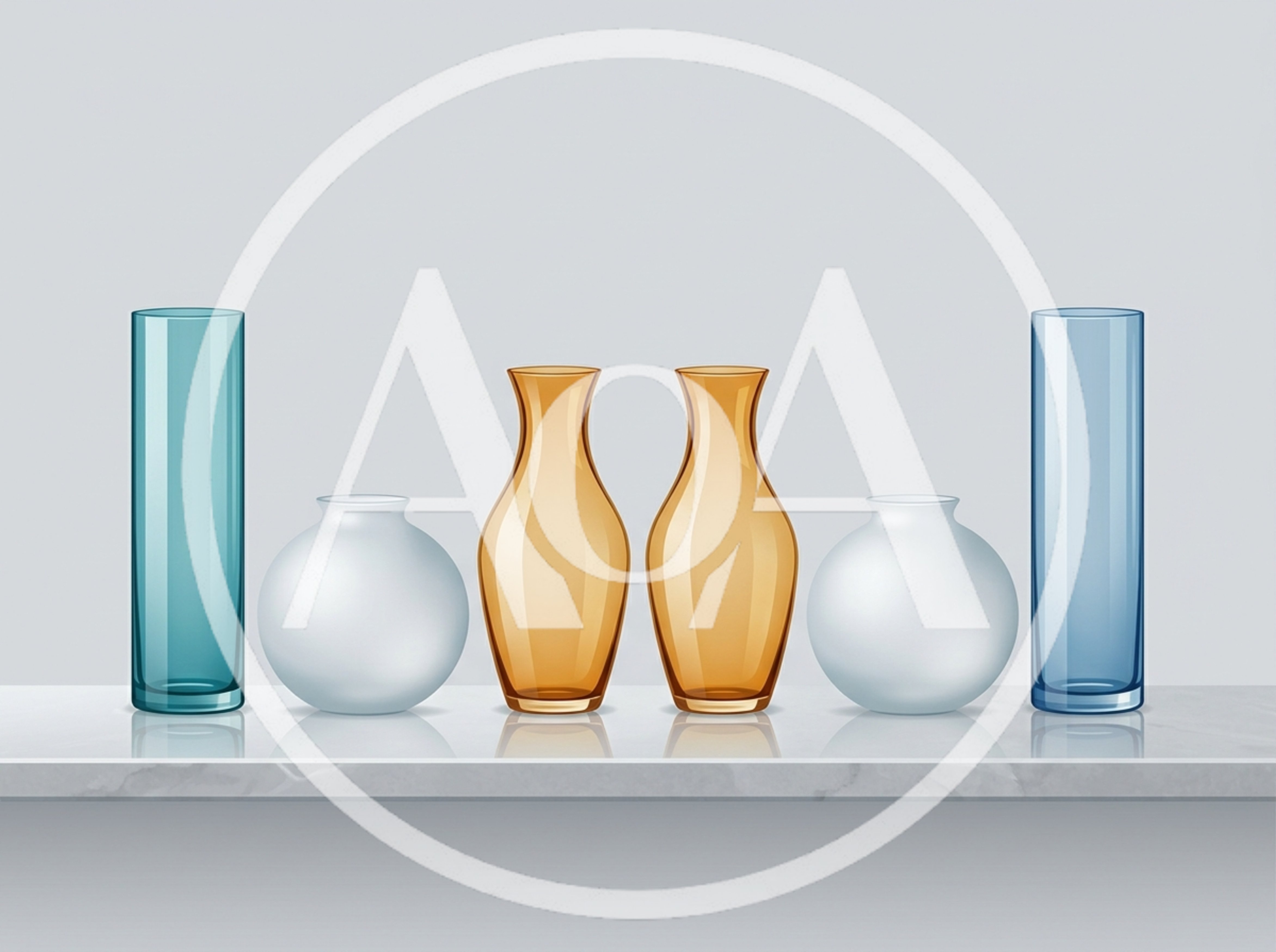 Collection Of Decorative Glass Vases On Marble Shelf